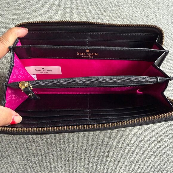 Kate Spade Zippered Wallet Black Cream Wellesley Patent Stripes - Picture 6 of 13